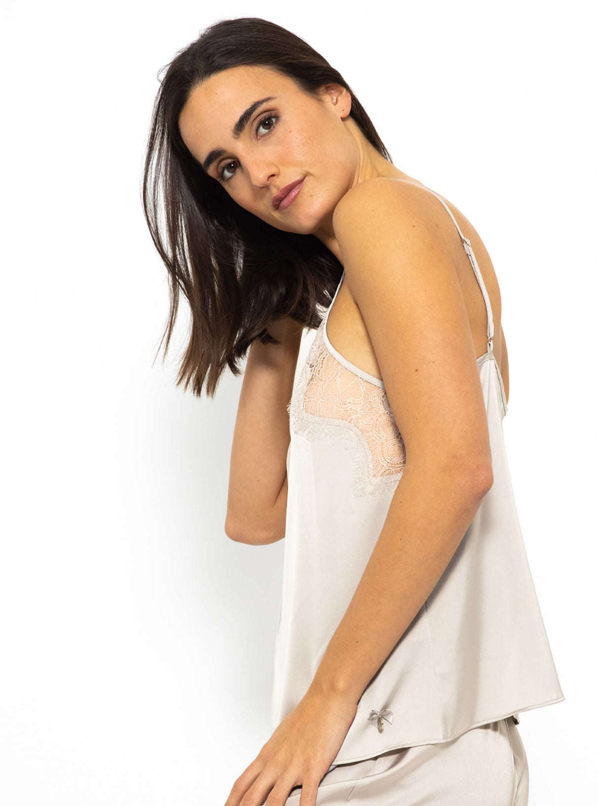Satin Pyjama Top mit Spitze - champagner