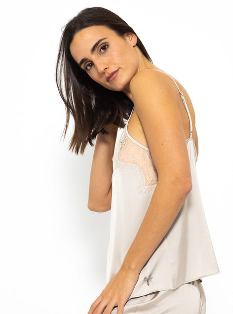 Satin Pyjama Top mit Spitze - champagner