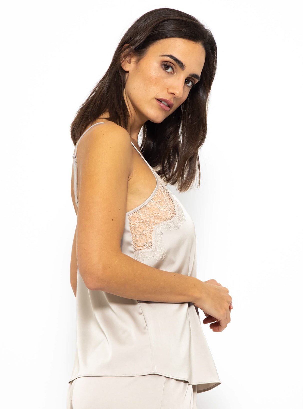Satin Pyjama Top mit Spitze - champagner