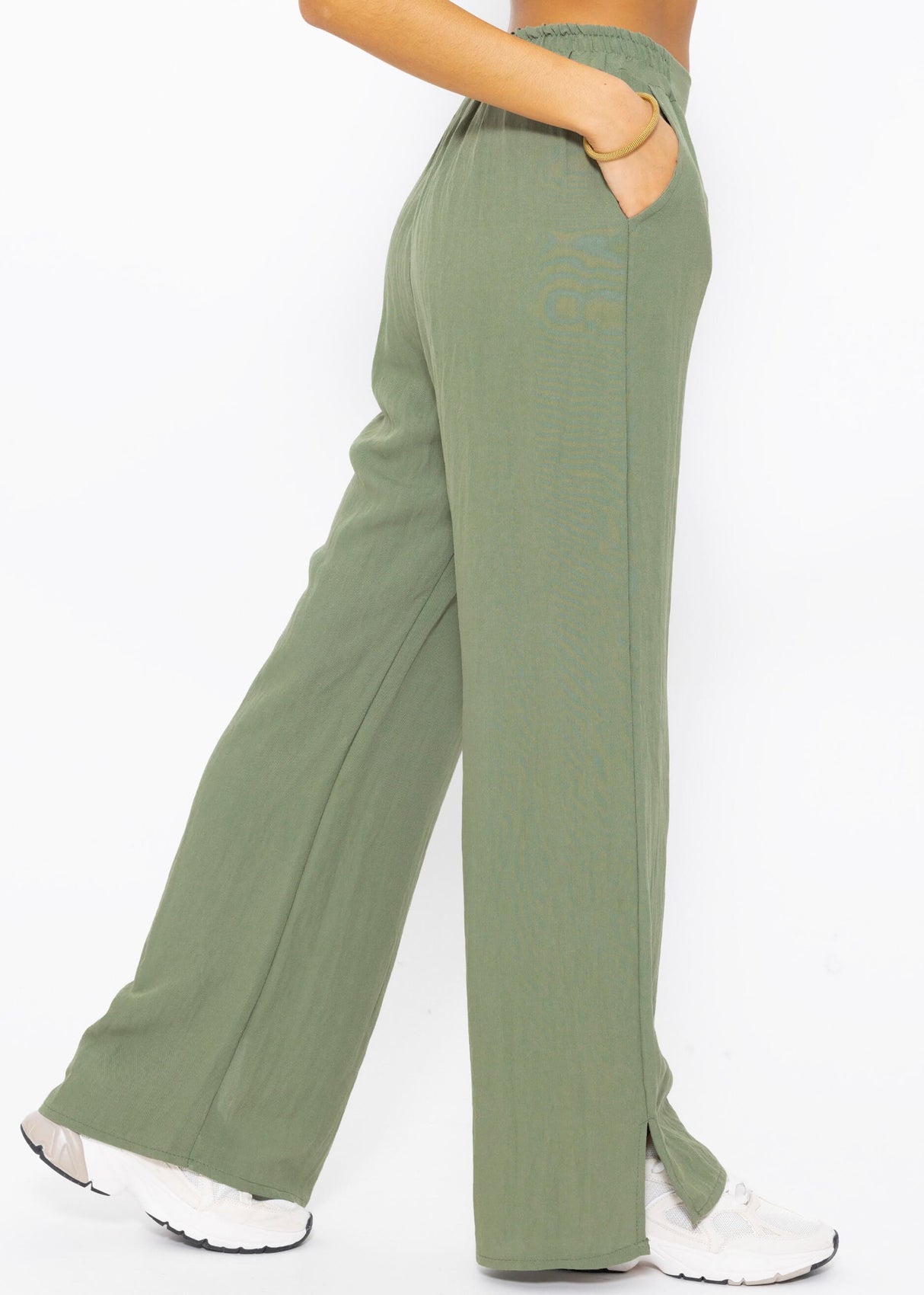 Pull-on trousers in viscose, khaki