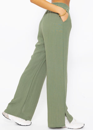 Pull-on trousers in viscose, khaki