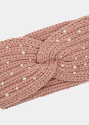 Strick Stirnband mit Perlen - rosa