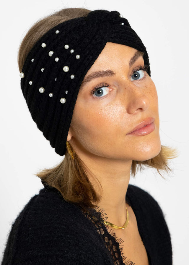 Knit headband with pearls - black