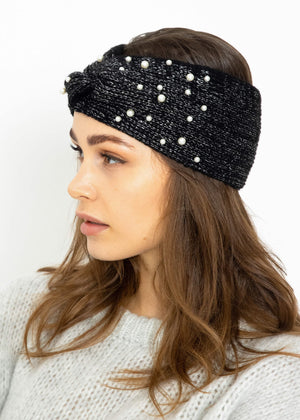Strick Stirnband mit Perlen und Lurex - schwarz