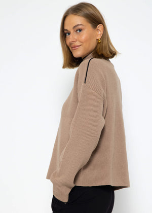 Strickpullover mit farbigen Akzenten - taupe-schwarz