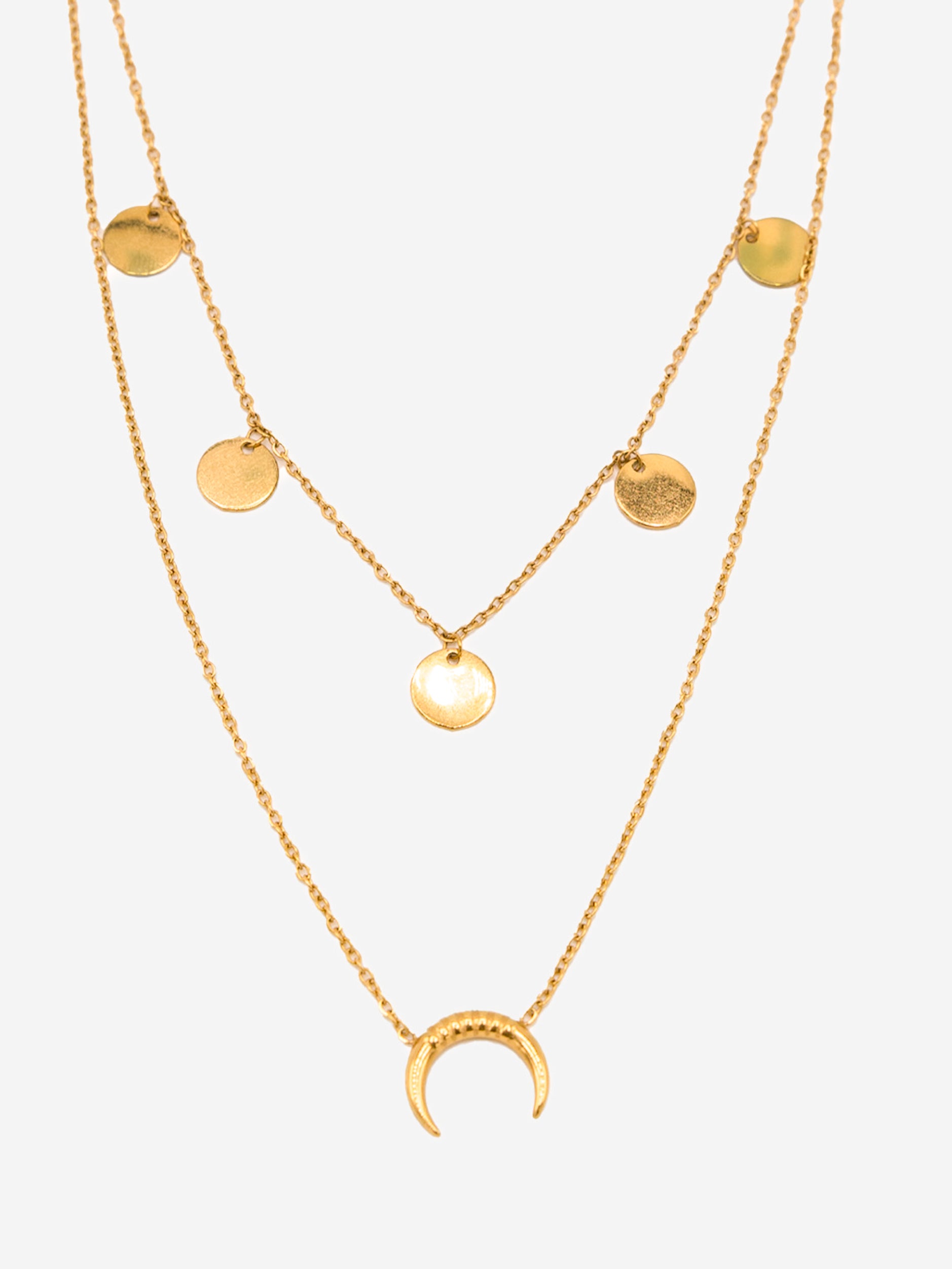 Layered necklace with moon and discs - gold