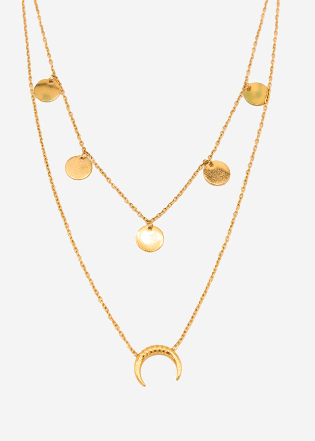 Layered necklace with moon and discs - gold