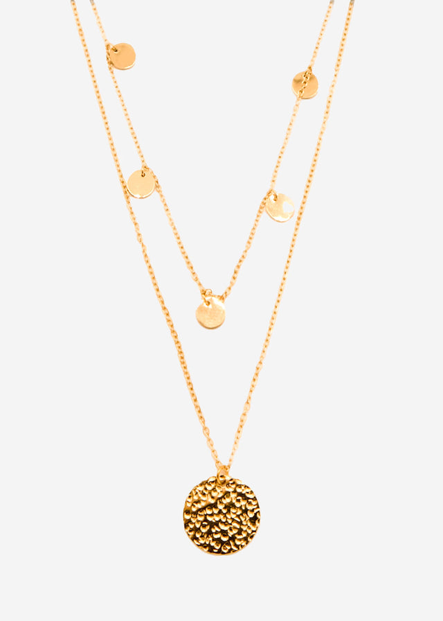 Layered necklace with pendant and delicate discs - gold