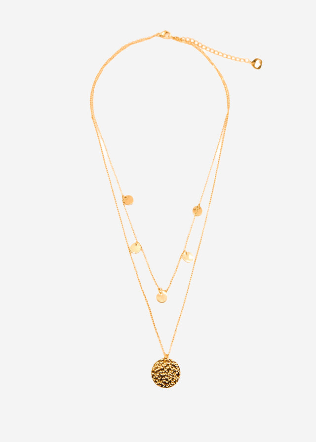 Layered necklace with pendant and delicate discs - gold