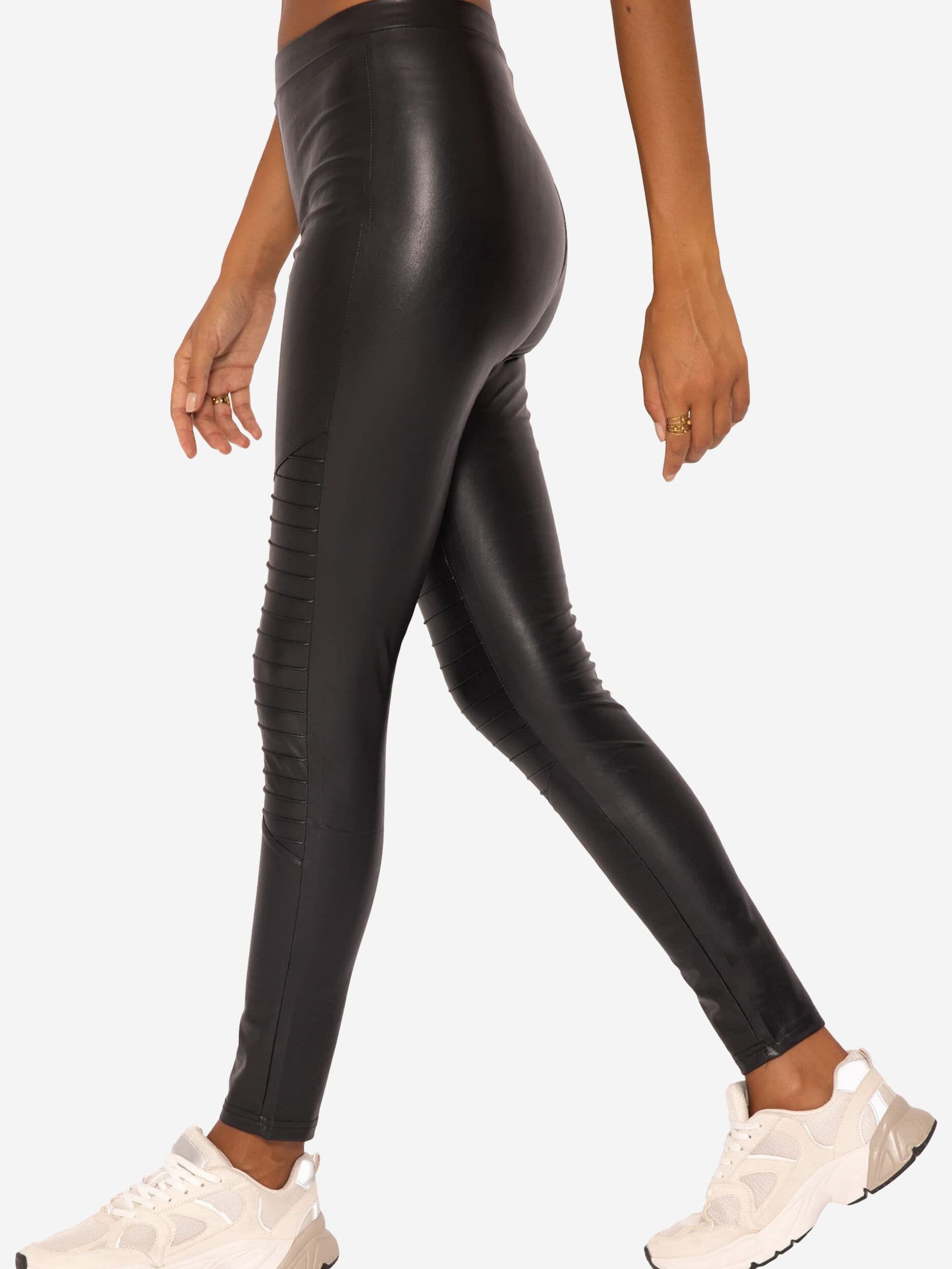 Kunstleder Leggings mit Absteppung - schwarz