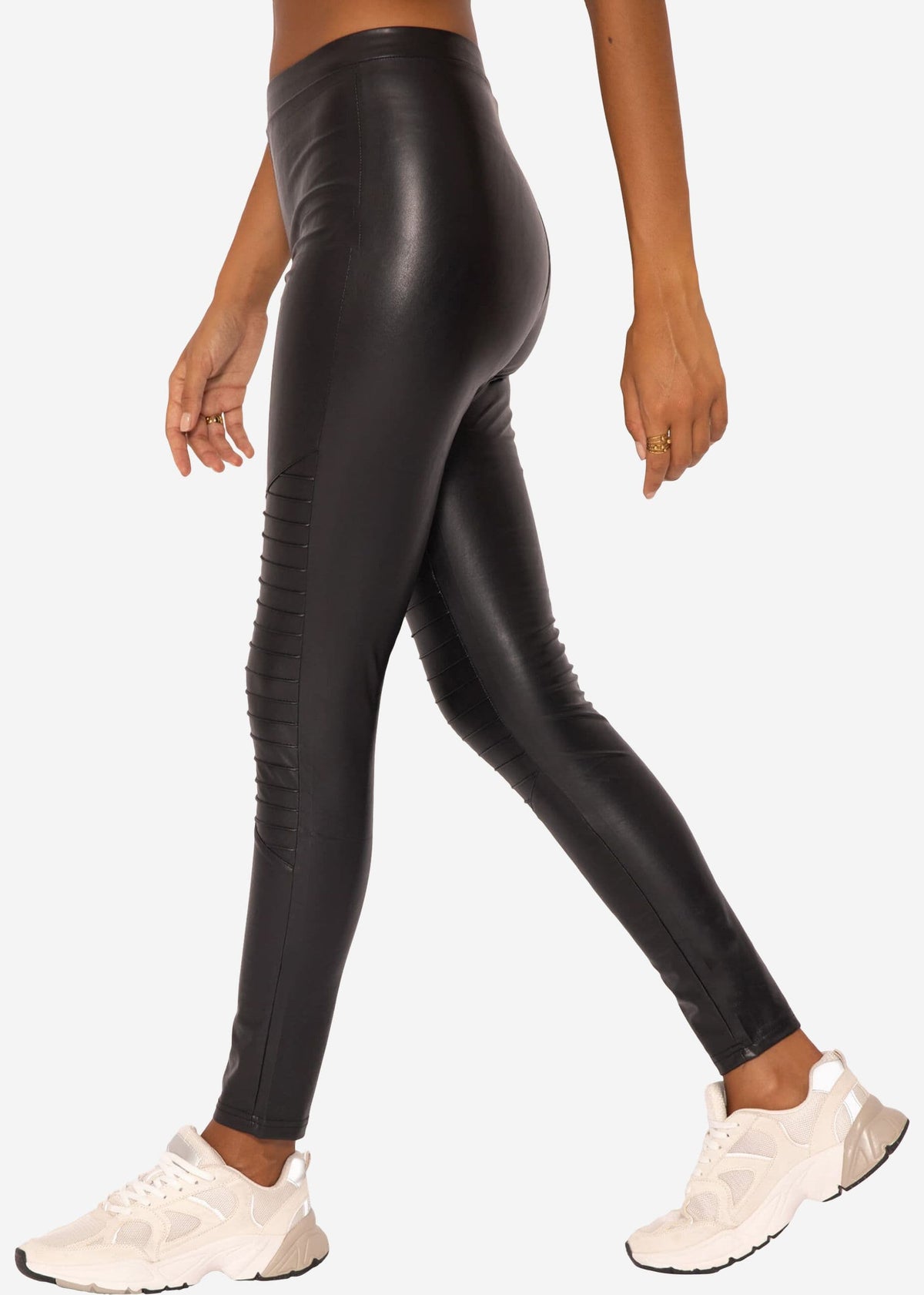 Kunstleder Leggings mit Absteppung, schwarz