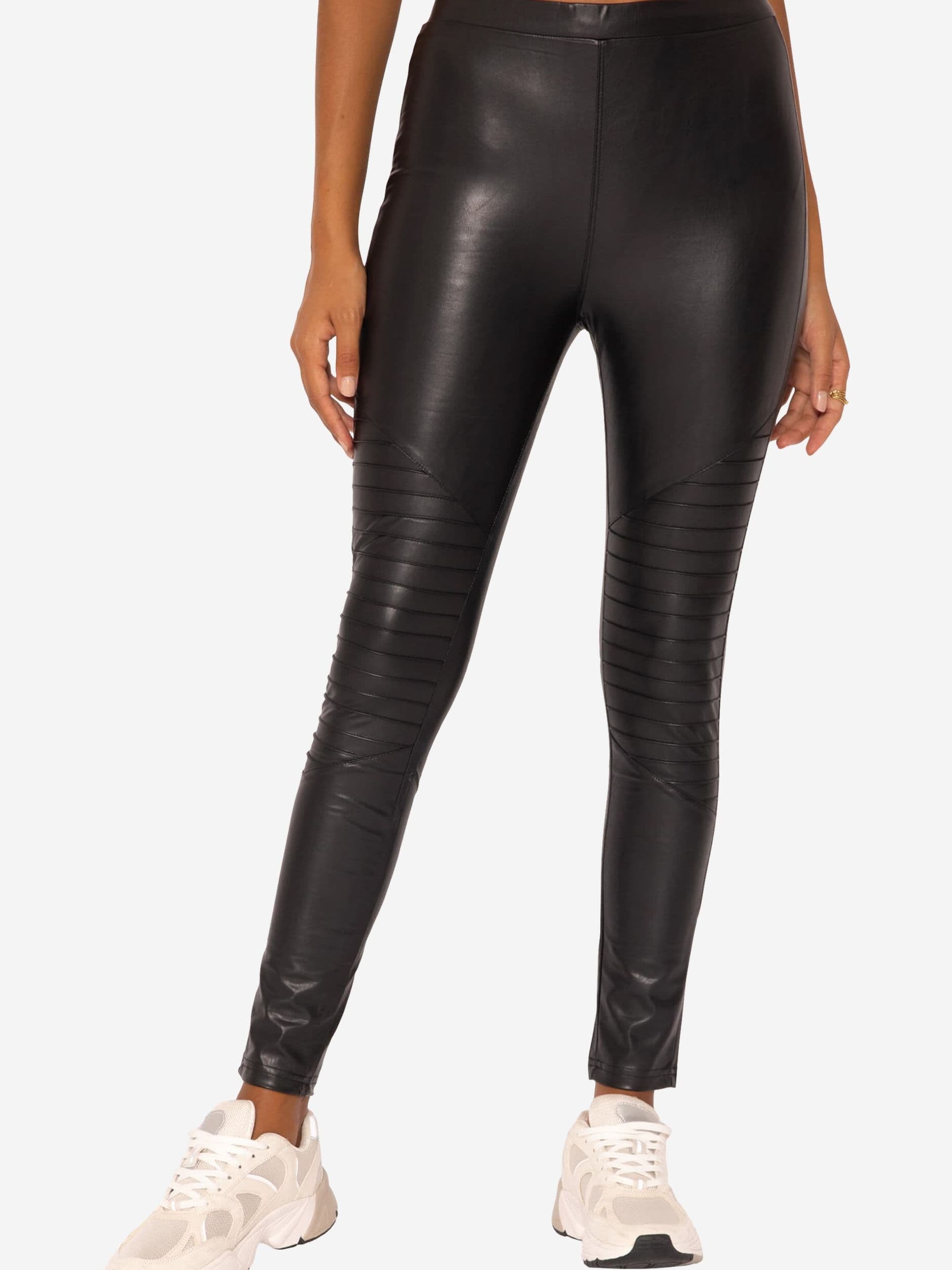 Kunstleder Leggings mit Absteppung - schwarz