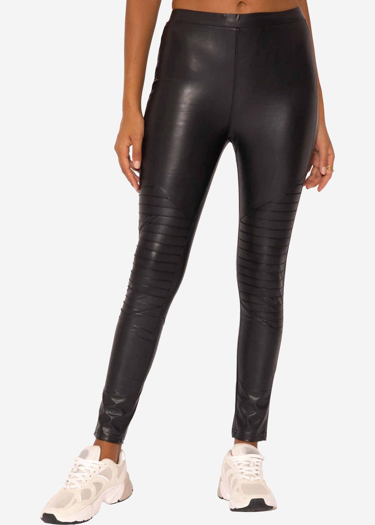 Kunstleder Leggings mit Absteppung, schwarz