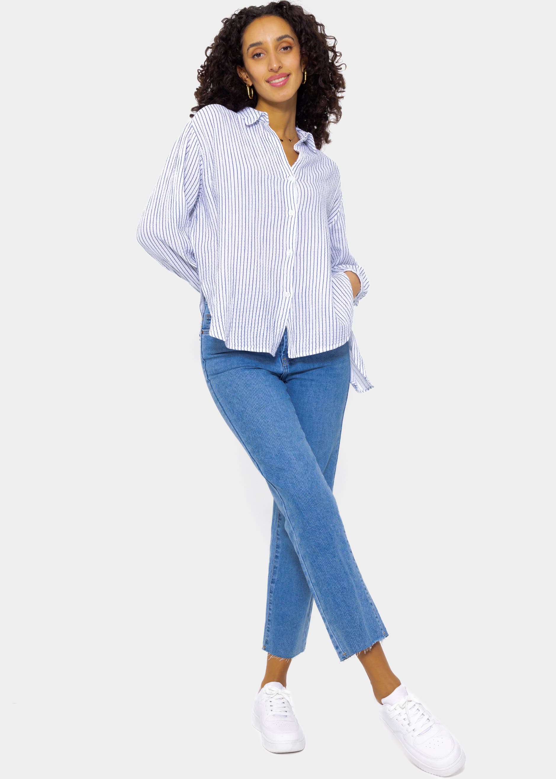 Gestreifte Musselin Bluse - offwhite-blau