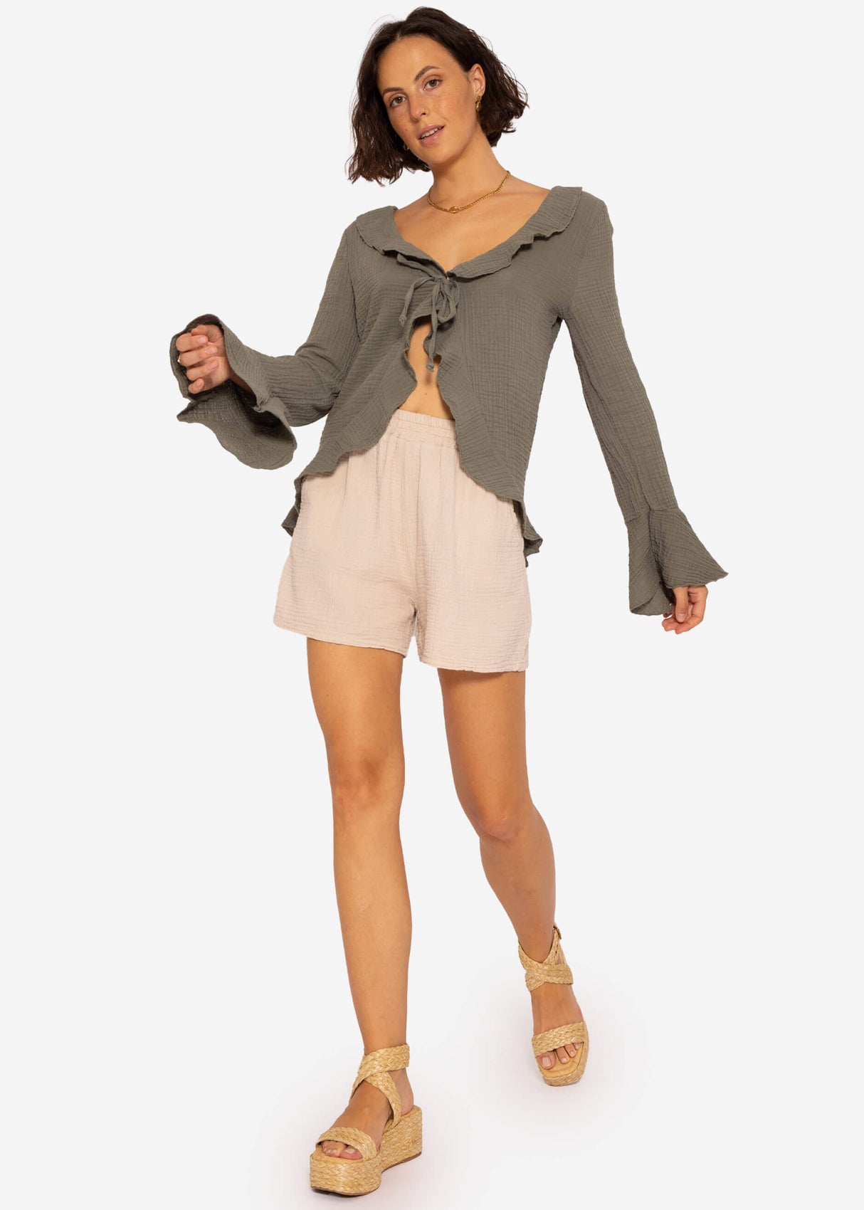 Muslin cardigan with flounces, khaki