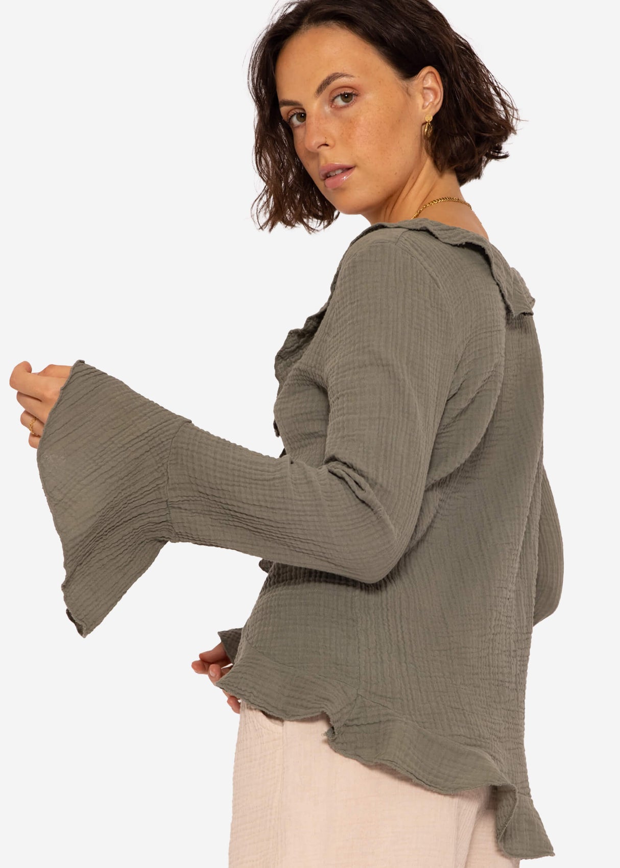 Muslin cardigan with flounces, khaki