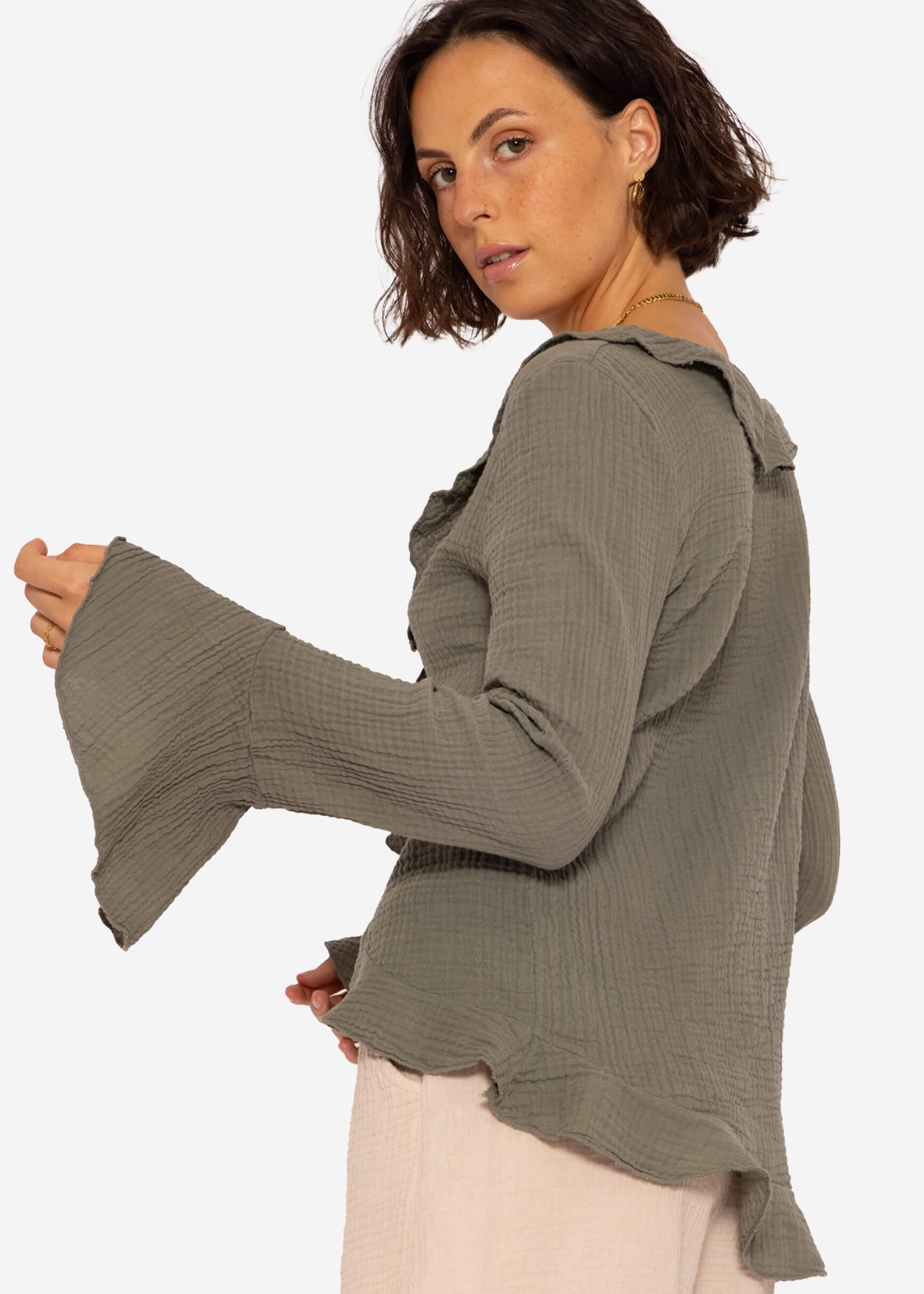Muslin cardigan with flounces, khaki
