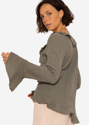 Muslin cardigan with flounces, khaki