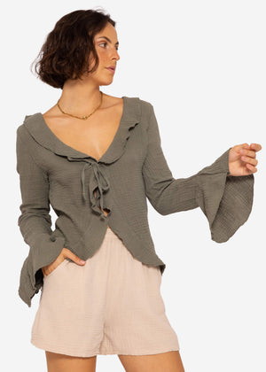 Muslin cardigan with flounces, khaki