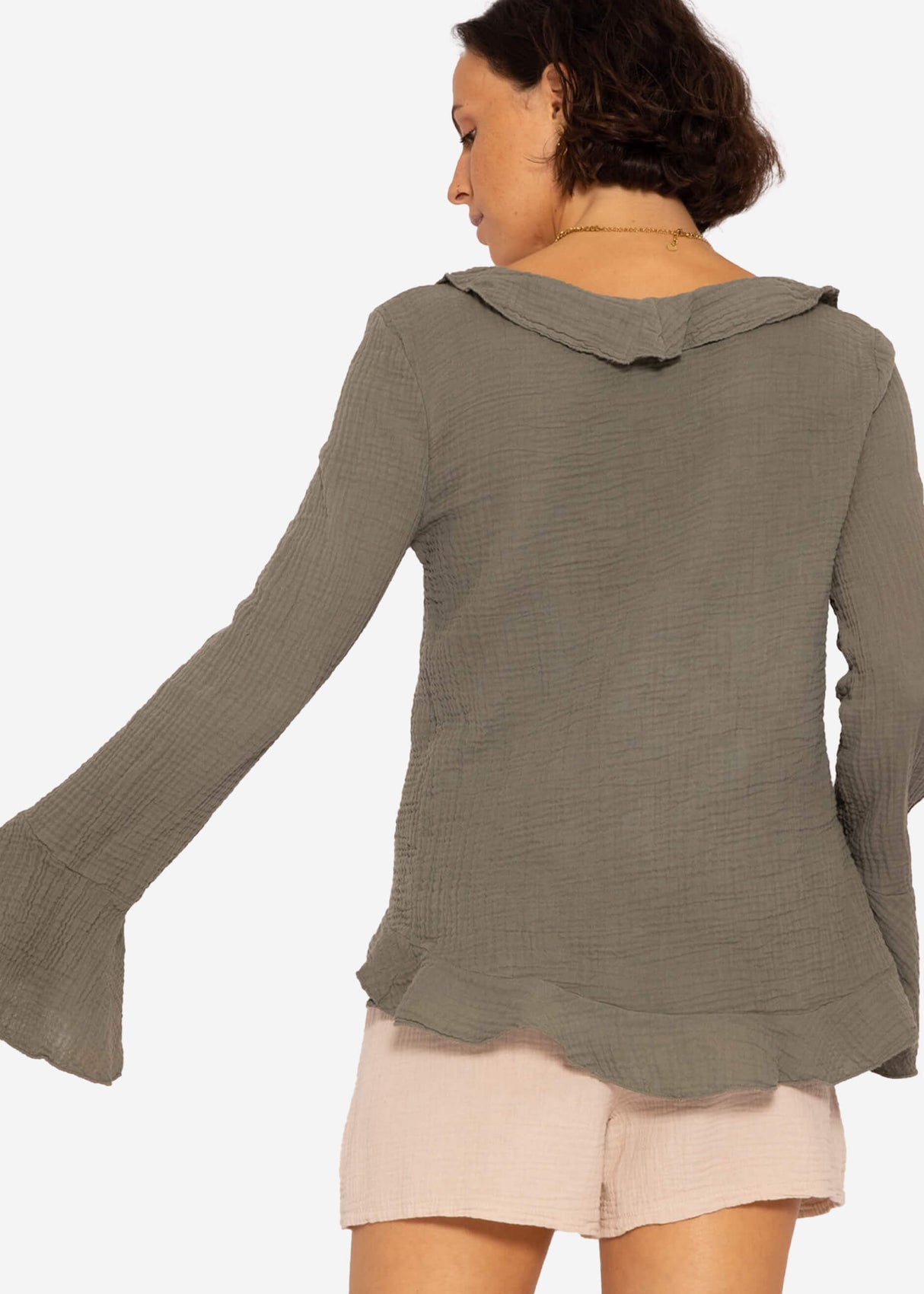 Muslin cardigan with flounces, khaki