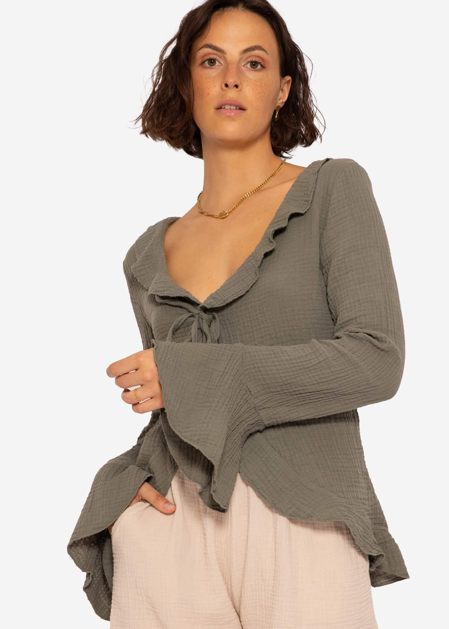Muslin cardigan with flounces, khaki