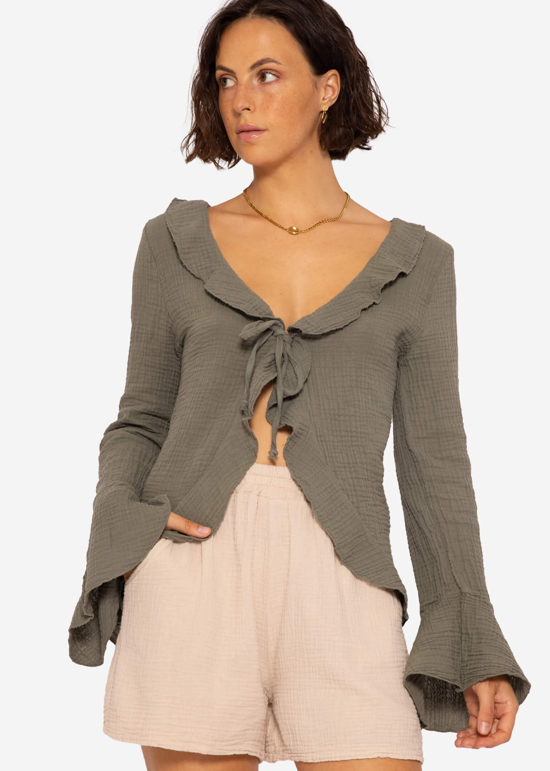Muslin cardigan with flounces, khaki