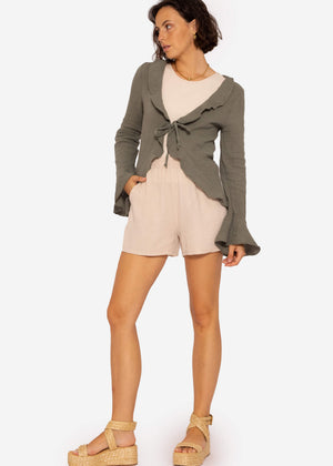 Muslin cardigan with flounces, khaki