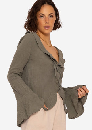 Muslin cardigan with flounces, khaki