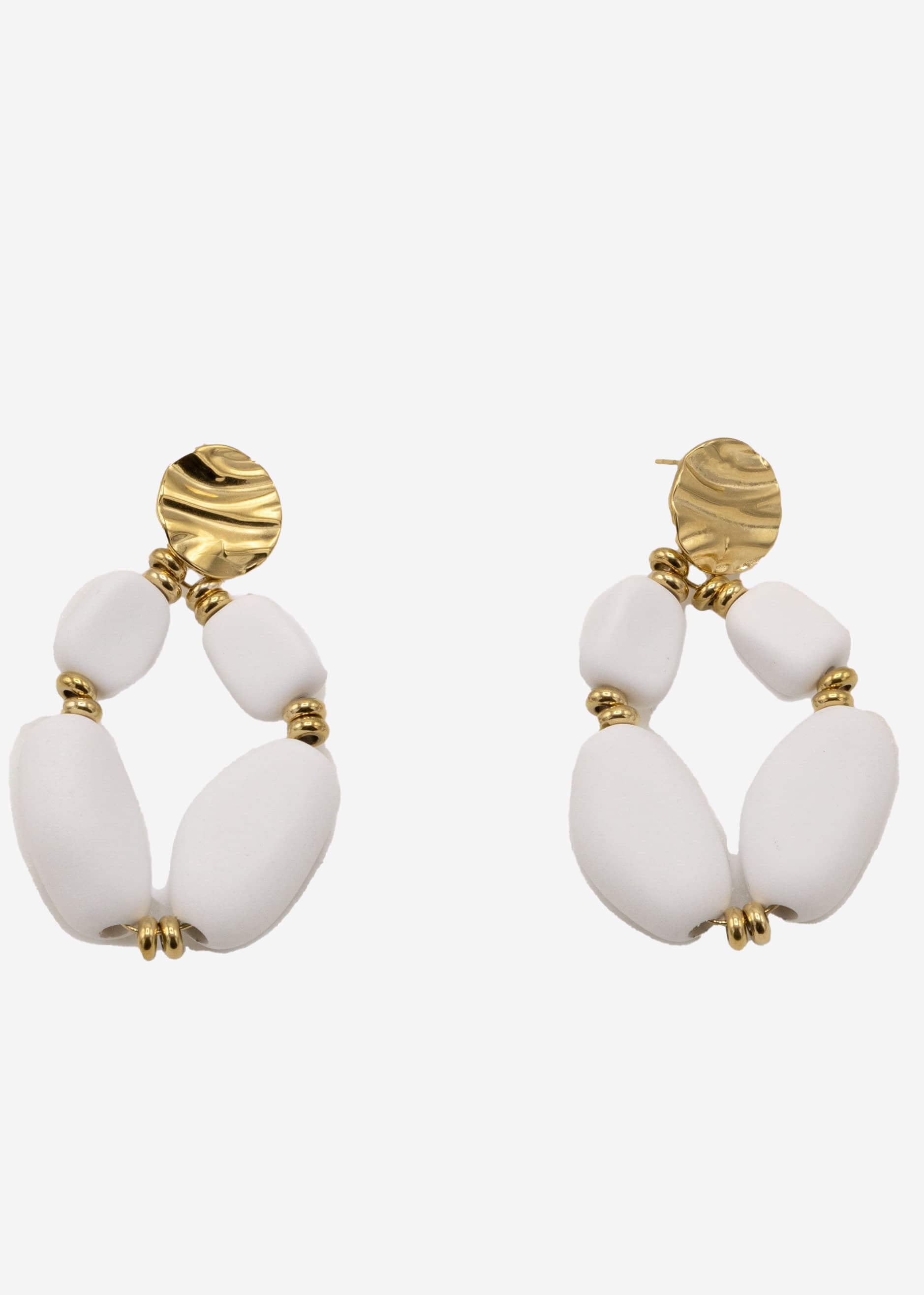 Gold earrings with large pearls, matt white
