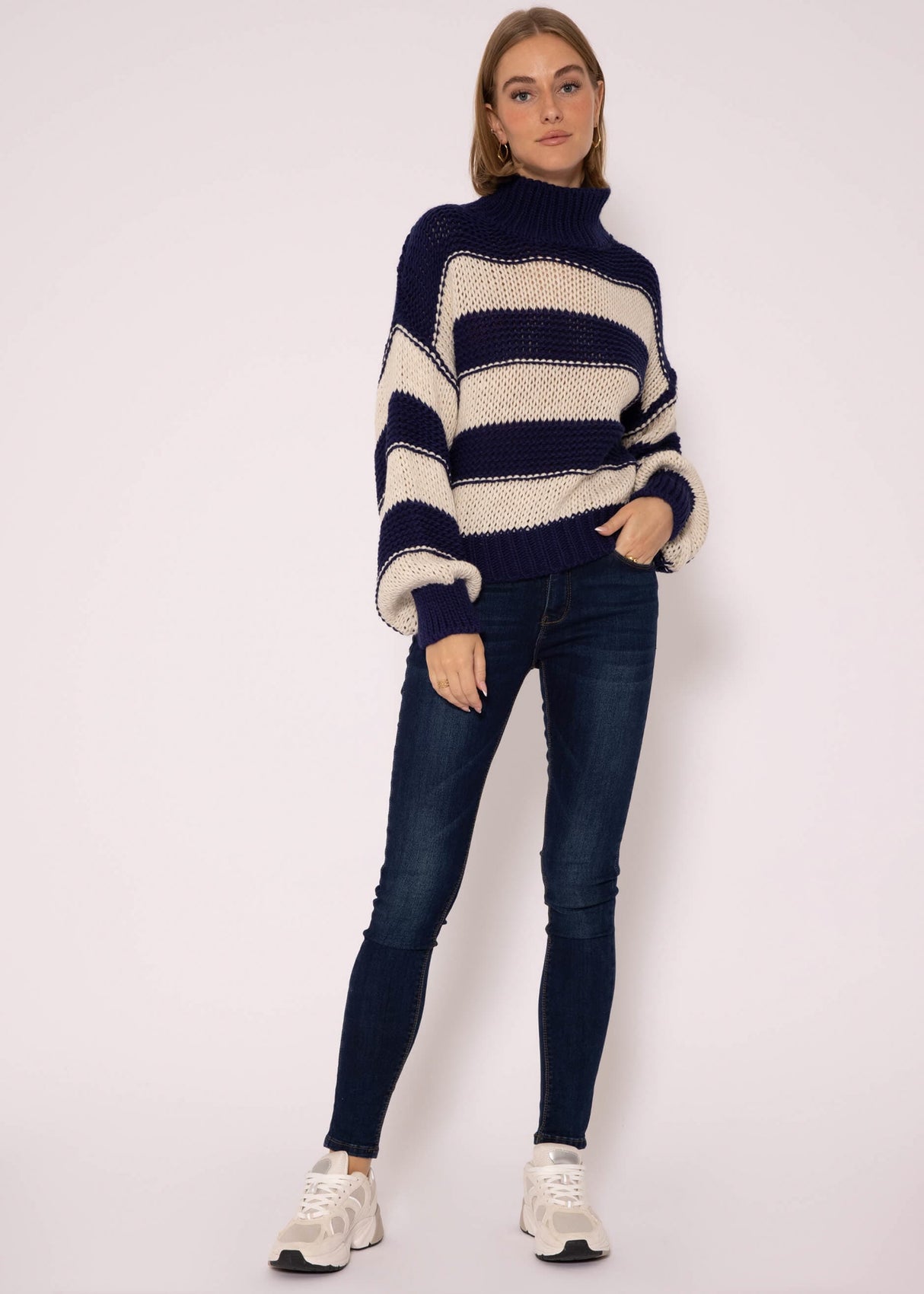Rollkragenpullover mit Streifen - dunkelblau-beige
