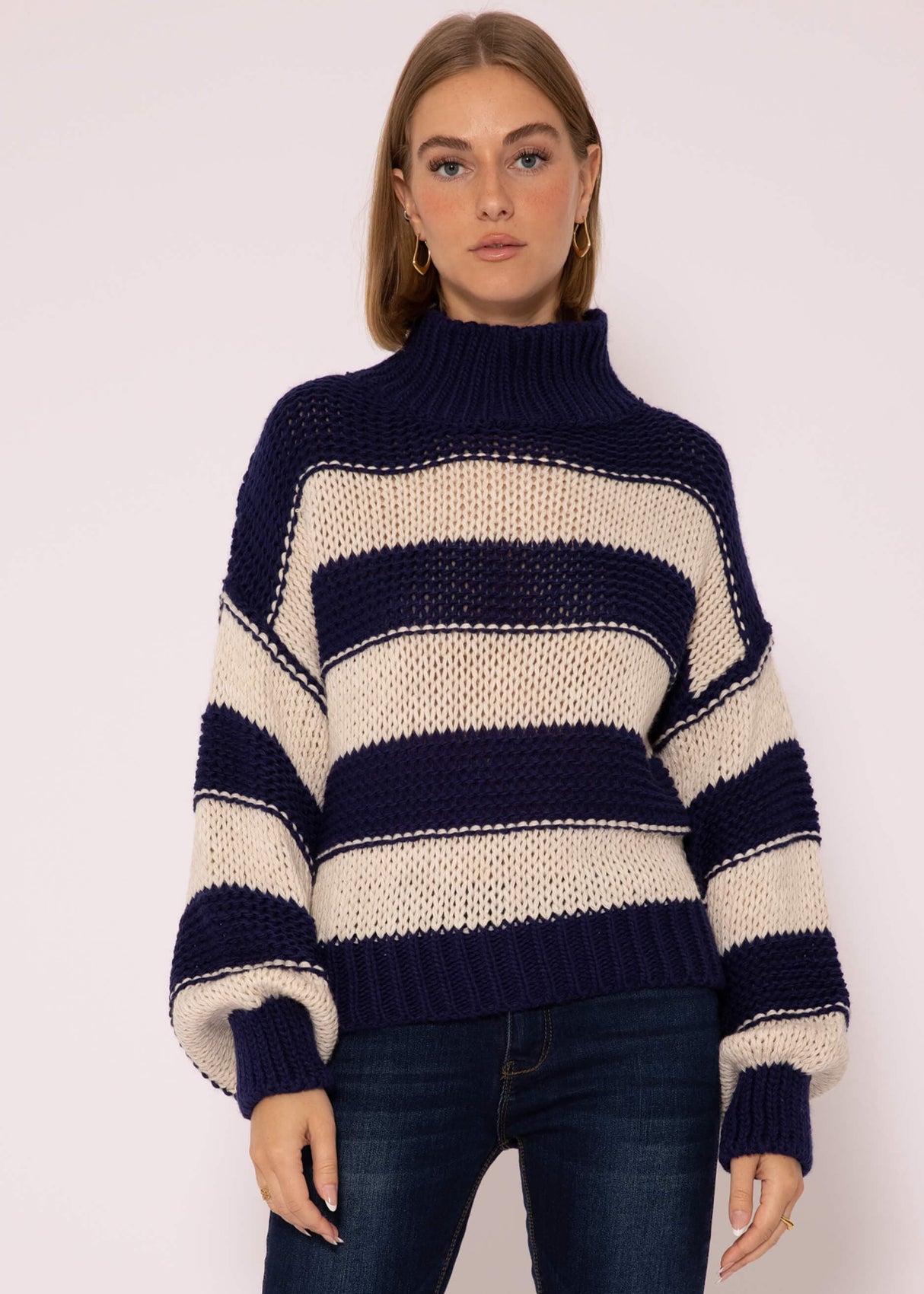 Rollkragenpullover mit Streifen - dunkelblau-beige
