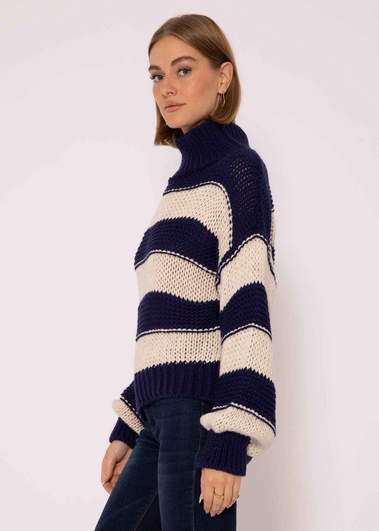 Rollkragenpullover mit Streifen - dunkelblau-beige