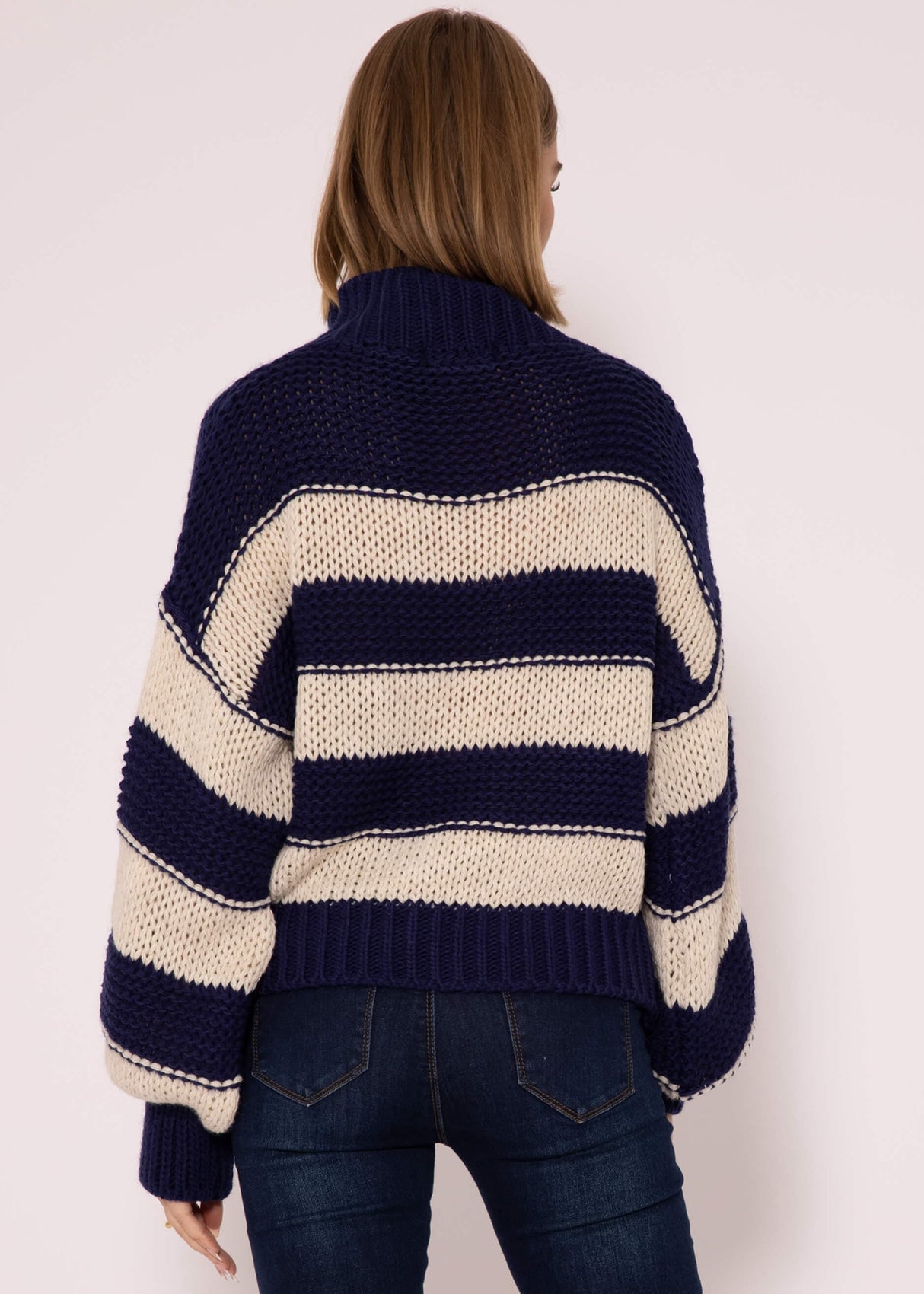 Rollkragenpullover mit Streifen - dunkelblau-beige