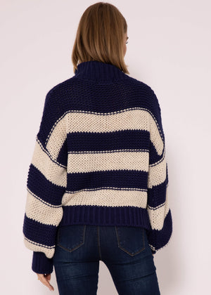Rollkragenpullover mit Streifen - dunkelblau-beige