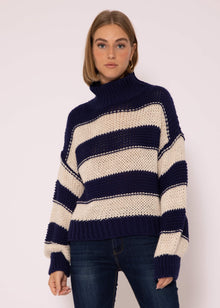 Rollkragenpullover mit Streifen - dunkelblau-beige