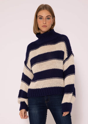 Rollkragenpullover mit Streifen - dunkelblau-beige