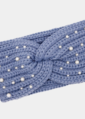Knitted headband with pearls - blue