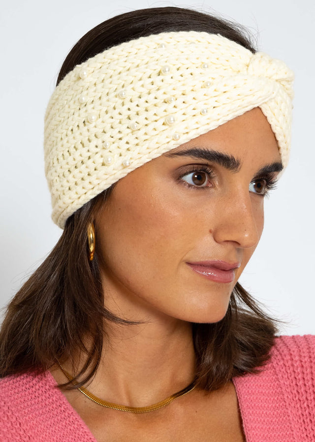 Knit headband with pearls - off-white