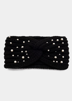 Knitted headband with pearls - black
