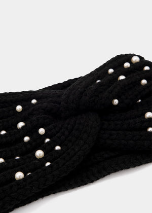 Knitted headband with pearls - black