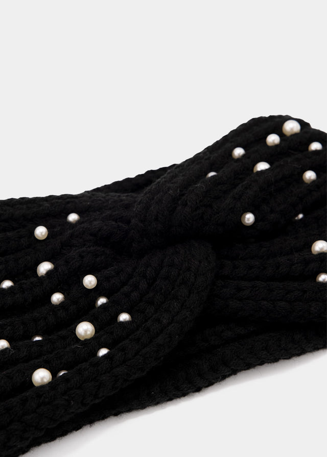 Knit headband with pearls - black