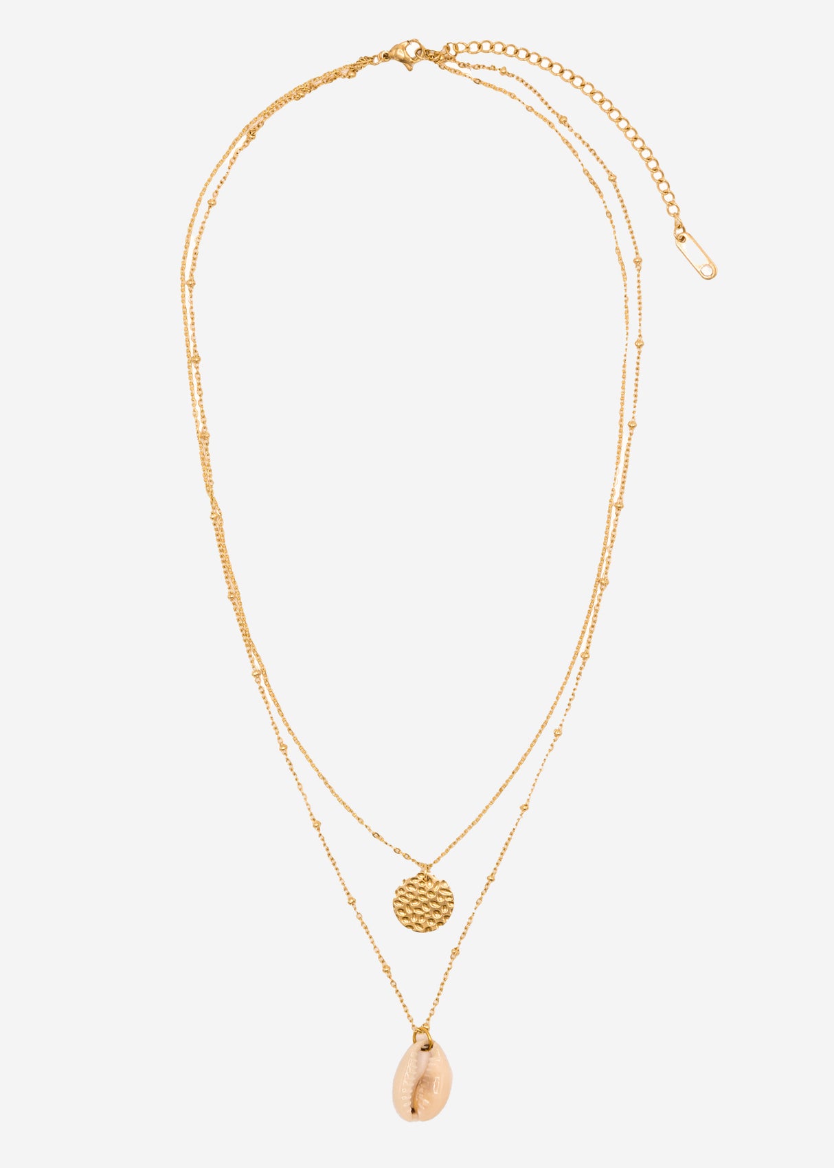 Combined necklace with pendant and shell, gold
