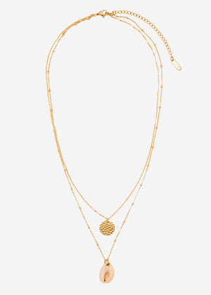 Combined necklace with pendant and shell, gold