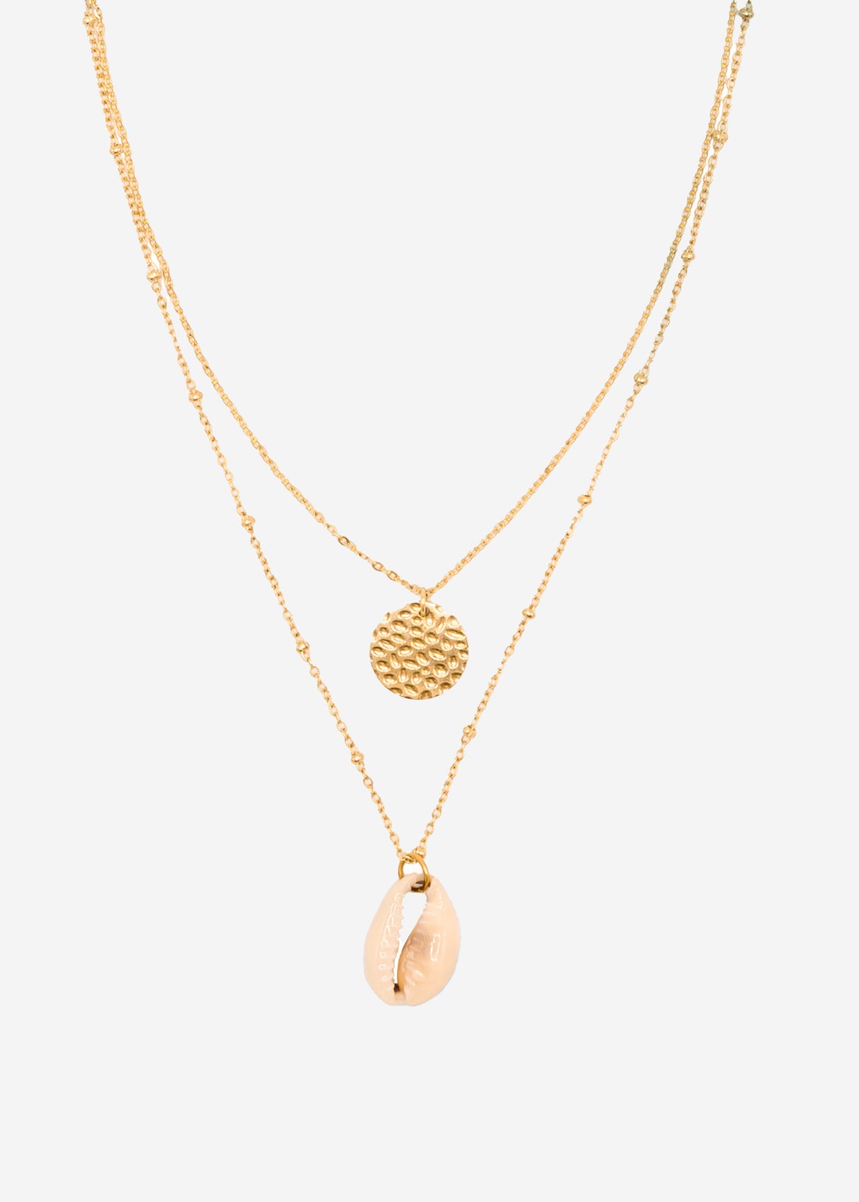 Combined necklace with pendant and shell, gold