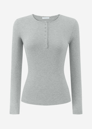 Geripptes Langarmshirt mit Knopfleiste - grau