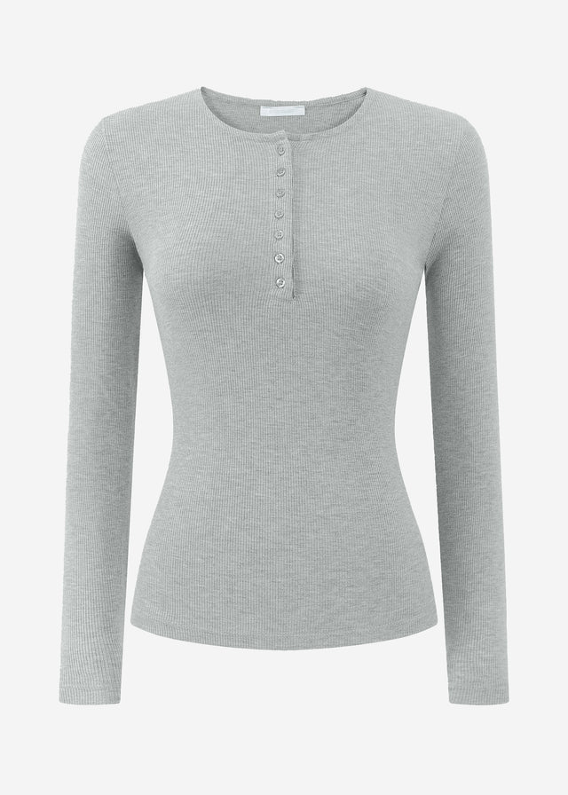 Geripptes Langarmshirt mit Knopfleiste - grau