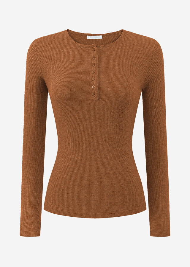 Geripptes Langarmshirt mit Knopfleiste - braun