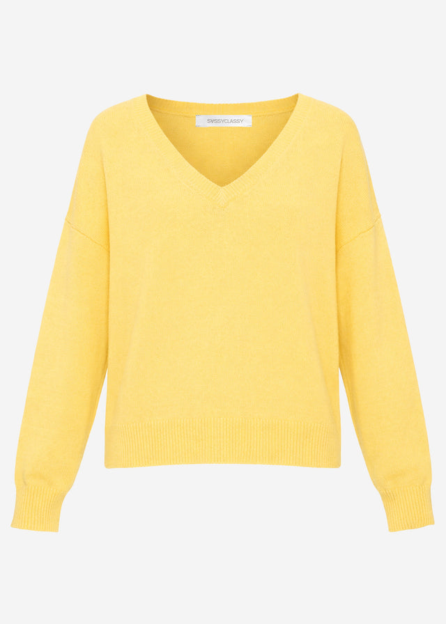 Oversized cotton jumper with deep V-neck - yellow