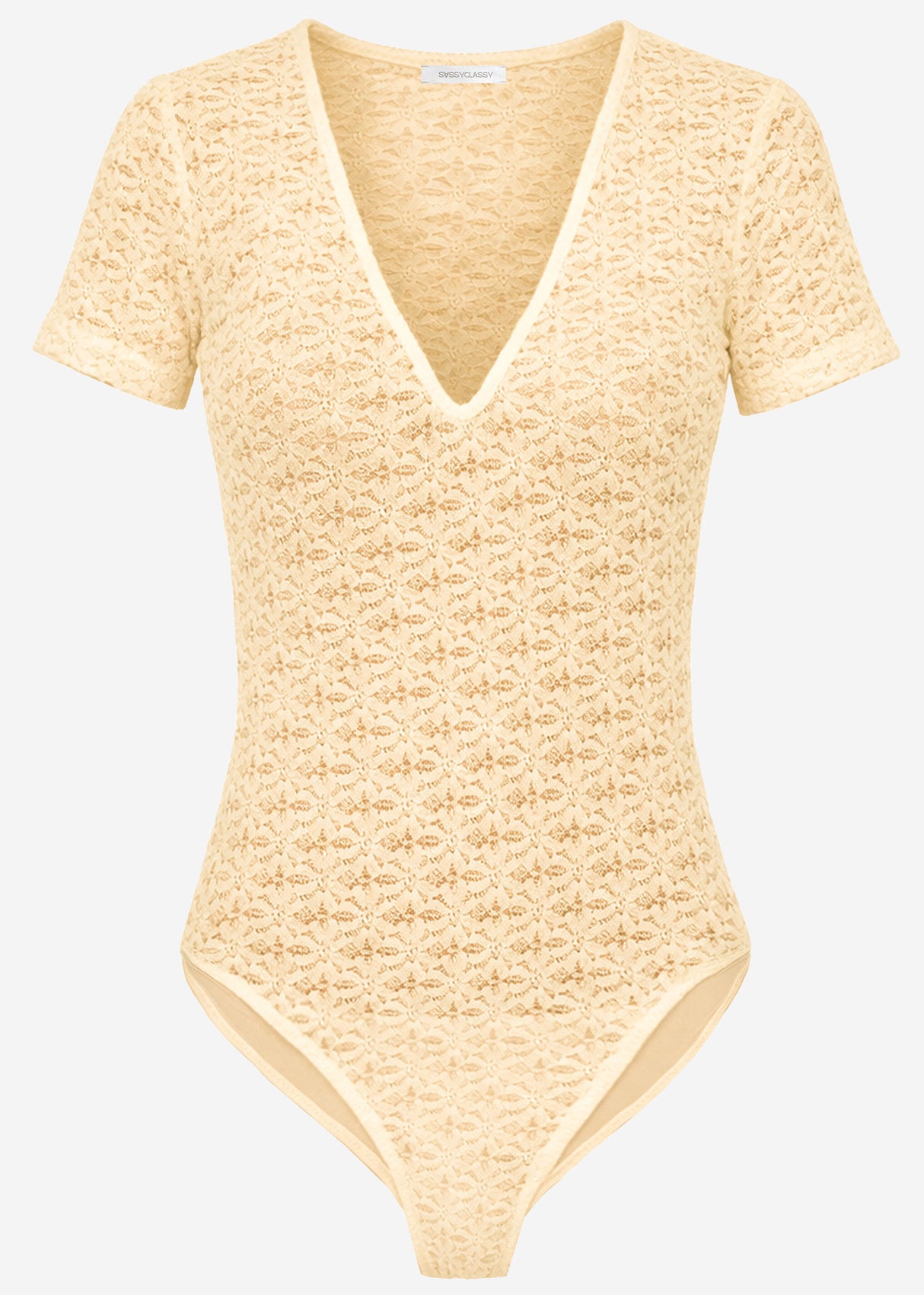Kurzarm Body aus floraler Spitze - buttergelb
