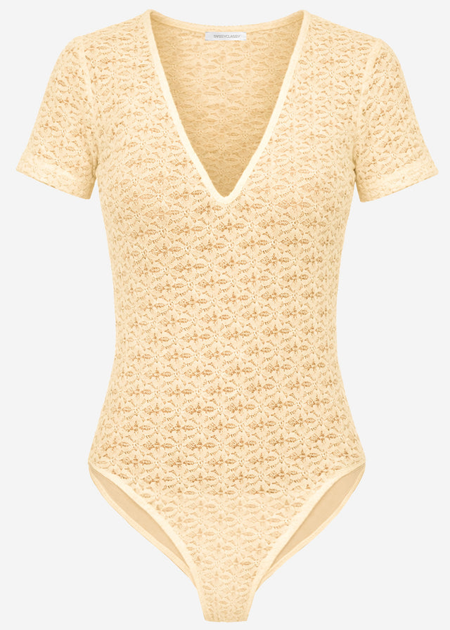 Kurzarm Body aus floraler Spitze - buttergelb